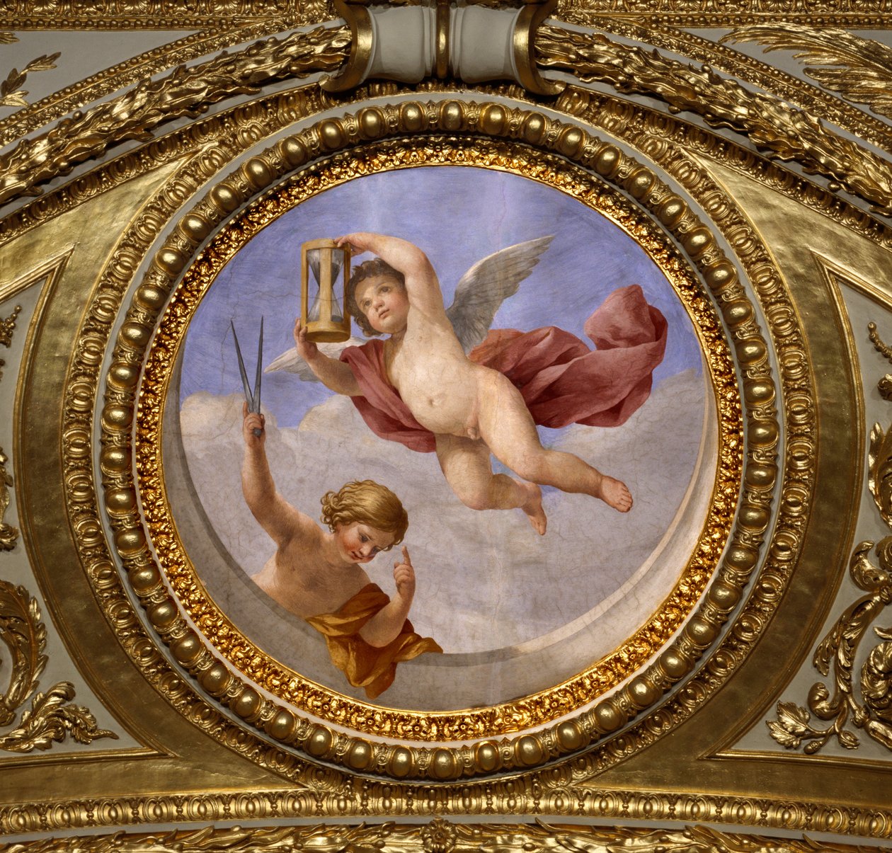 Kärlek till försiktighet. Målning av Giovanni Romanelli (1601-1662) som dekorerar taket i Antonine Hall, sovrummet i sommarlägenheterna till drottning Anne av Österrike (1601-1666). Omkring 1655-1658. Paris, Louvren. av Giovanni Francesco Romanelli