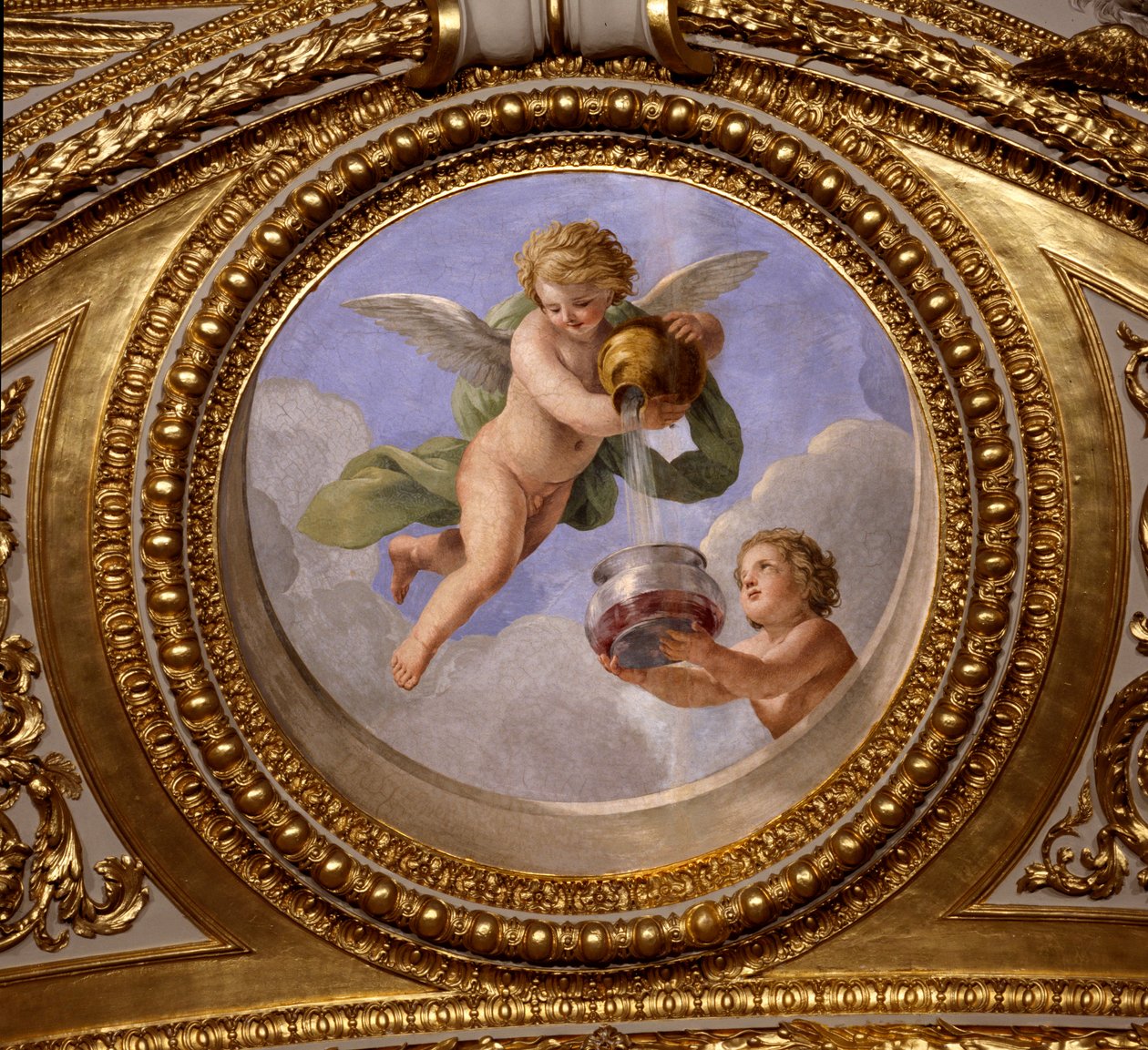 Kärlek till kontinens. Målning av Giovanni Romanelli (1601-1662) som dekorerar taket i Antonine Hall, sovrummet i sommarlägenheterna till drottning Anne av Österrike (1601-1666). Omkring 1655-1658. Paris, Louvren. av Giovanni Francesco Romanelli