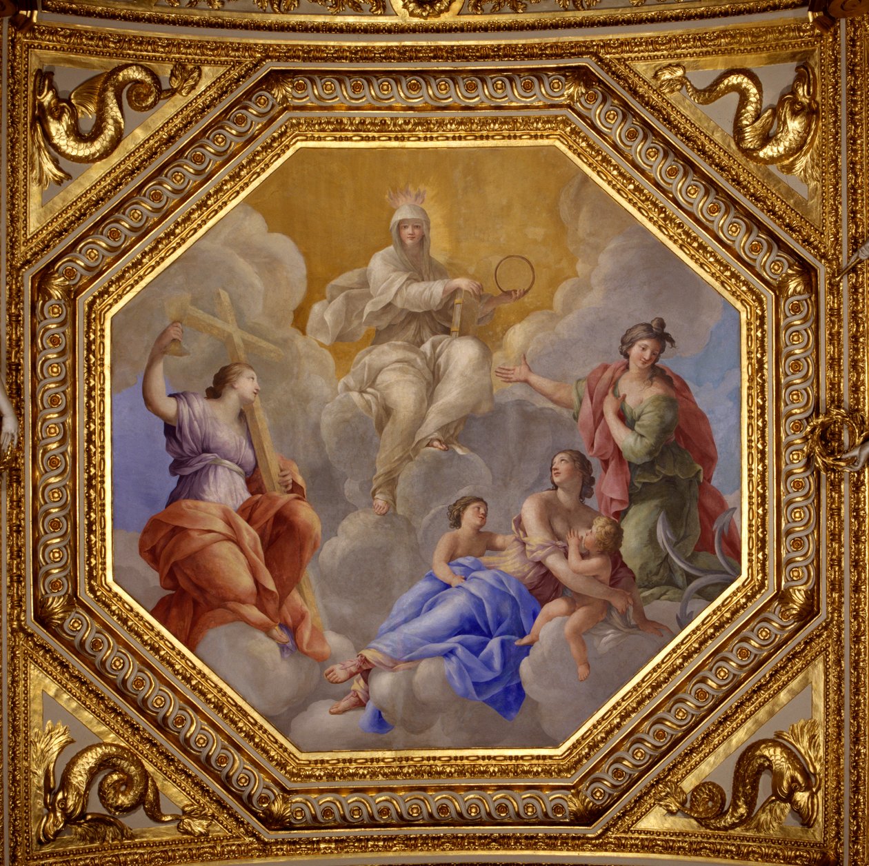Religion och teologiska dygder (Tro, Kärlek, Esperance). Målning av Giovanni Romanelli (1601-1662) som dekorerar taket i Antonine Hall, sovrummet i drottning Annes sommarlägenheter (1601-1666). Omkring 1655-1658. Paris, Louvren Mus av Giovanni Francesco Romanelli
