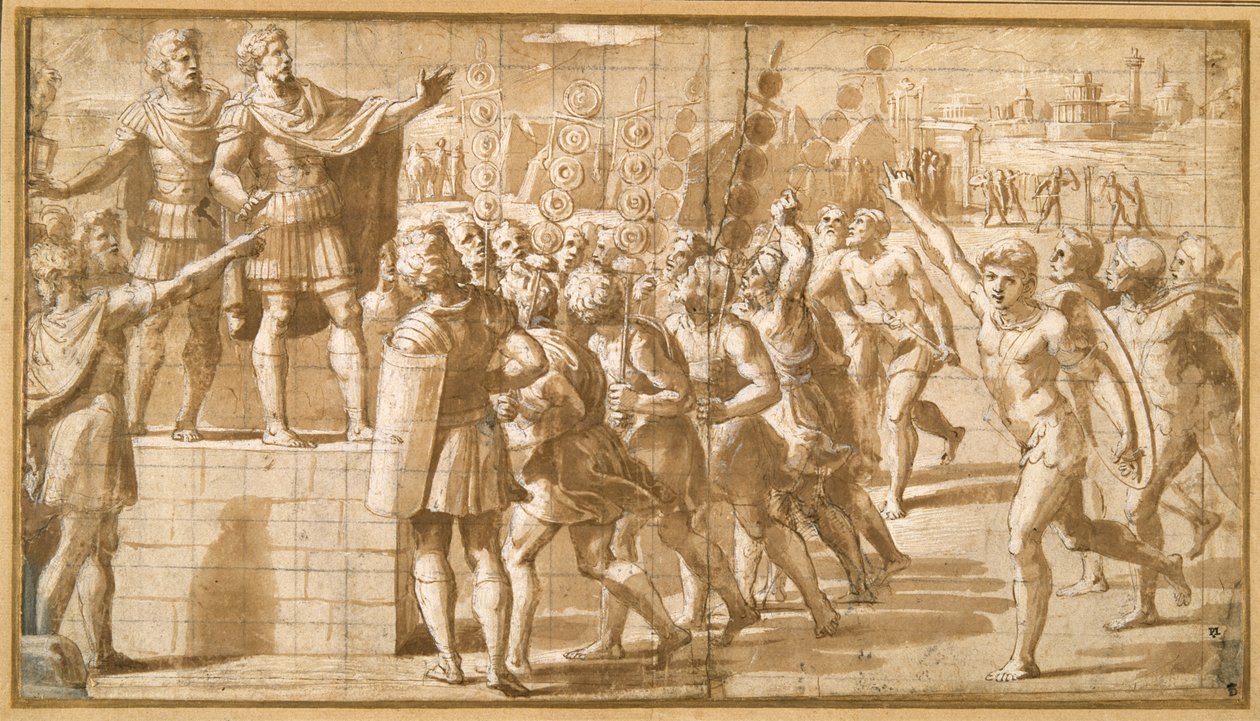 Kejsar Konstantin tilltalade sina trupper, skrämd av visionen av korset på himlen (penna och brunt bläck med brun tvätt och höjning) av Giovanni Francesco (c.1488 1528) Penni