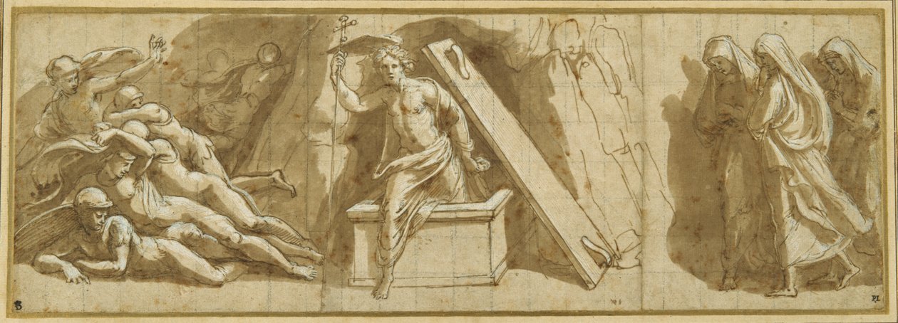 Uppståndelsen (penna & brunt bläck och vit kroppsfärg på papper) av Giovanni Francesco (c.1488 1528) Penni