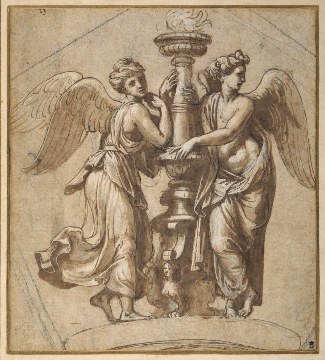 Segrar som omfamnar en kandelaber (penna & brunt bläck med svart krita på papper) av Giovanni Francesco (c.1488 1528) Penni