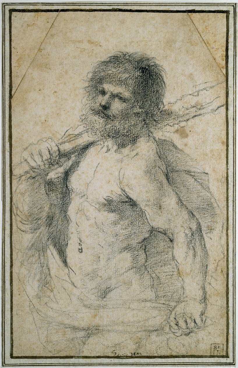 Hercules, 1555 - 1666 (svart krita på benvitt papper) av Giovanni Francesco Barbieri