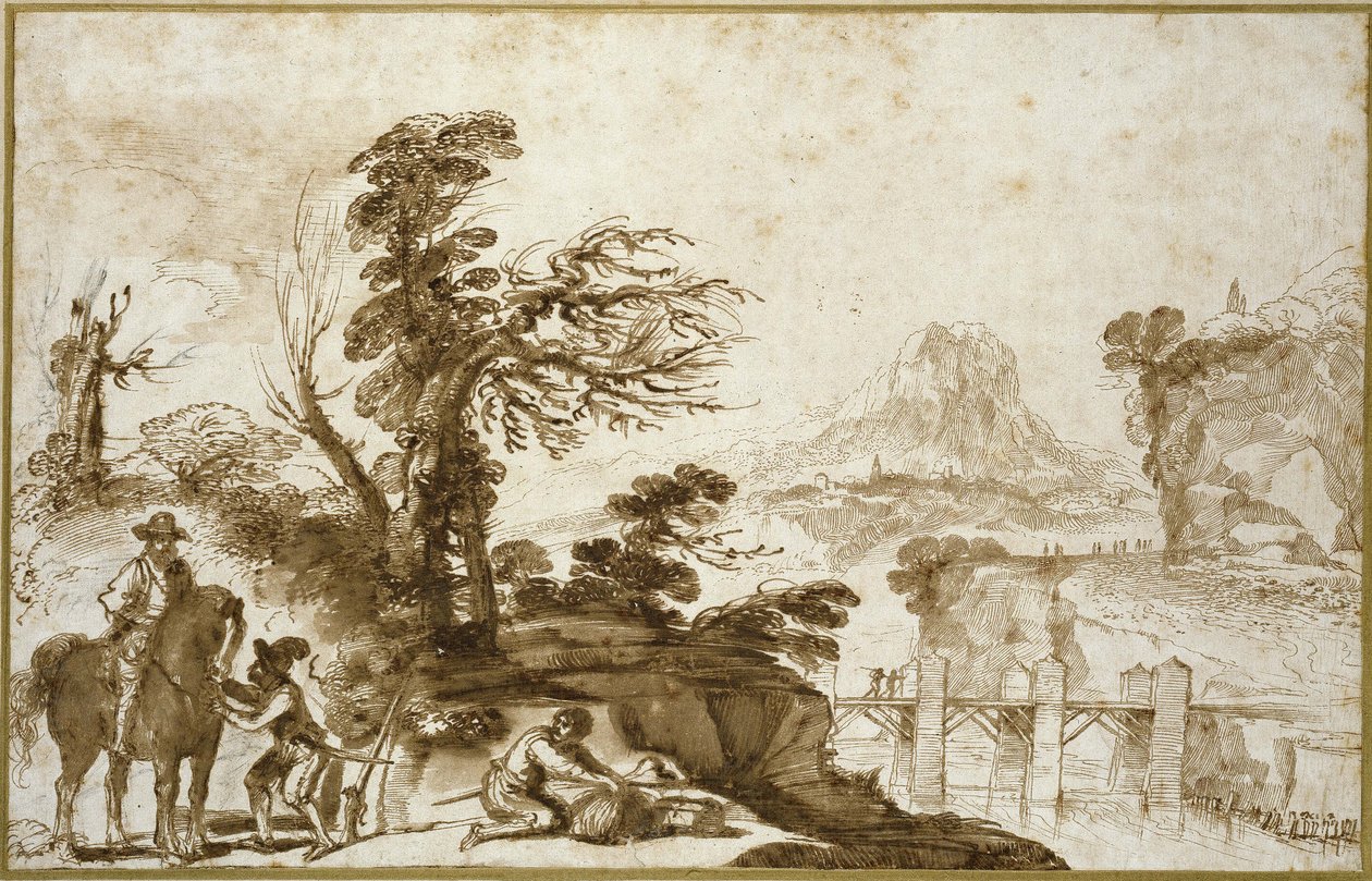 Landskap med en ryttare och en bro (penna och tvätt i brunt bläck med lite svart krita på benvitt papper) av Giovanni Francesco Barbieri