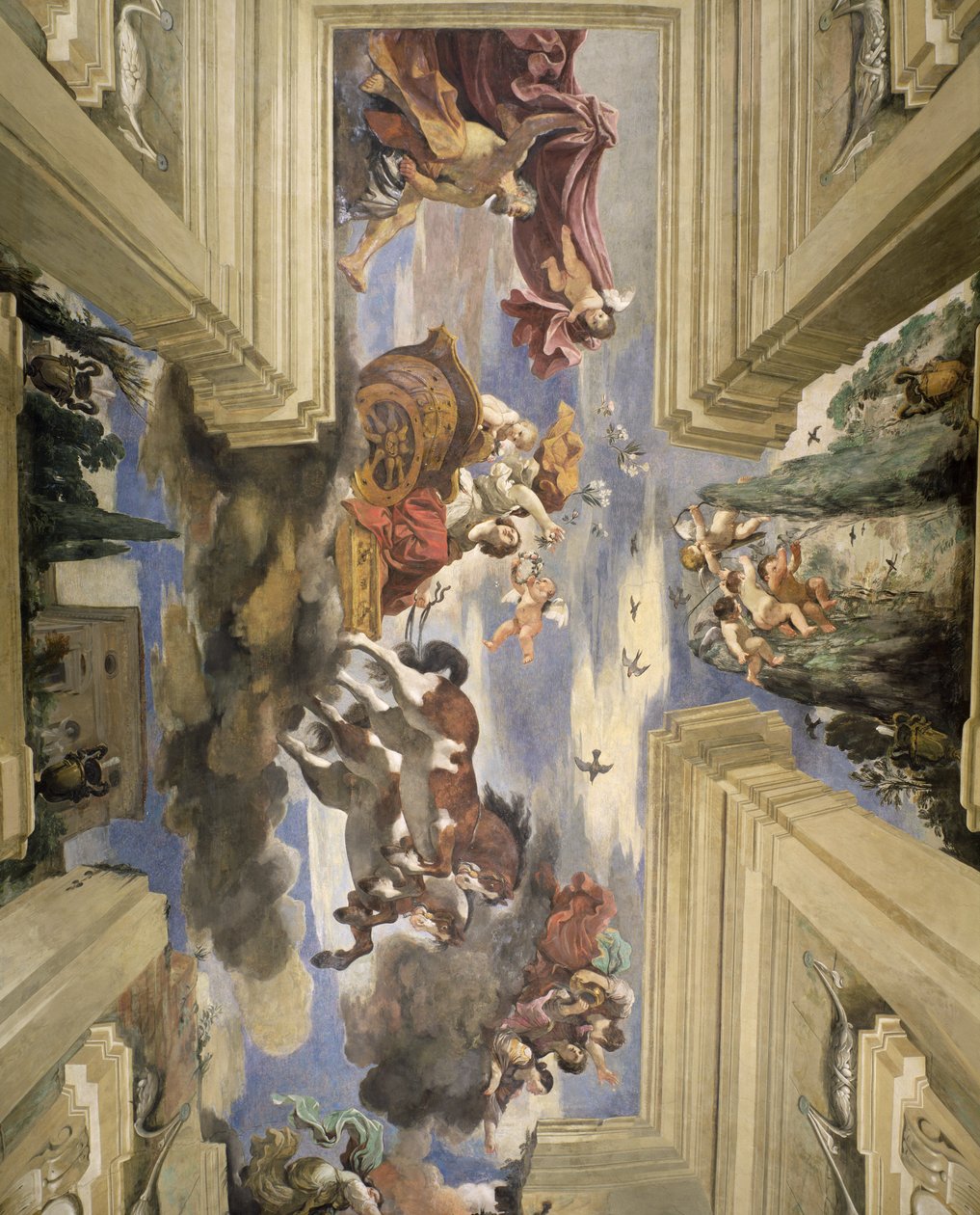 Sala di Aurora Hall of the Dawn detalj i taket som visar Dawns vagn, 1621 tempera på panel av Giovanni Francesco Barbieri
