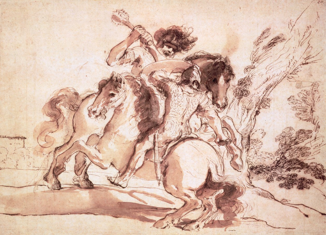 Two Horsemen Fighting (penna och bläck och tvätt på papper) av Giovanni Francesco Barbieri