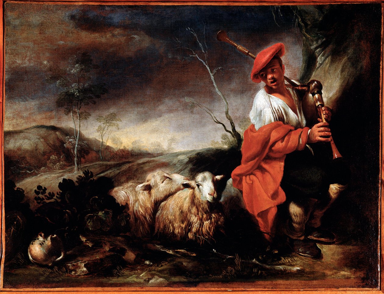 Herde som spelar säckpipa med sina får Målning av Giovanni Francesco Castiglione (1641 / 42-1716) Genes, Musei di Strada Nuova (ex Palazzo Bianco) av Giovanni Francesco Castiglione