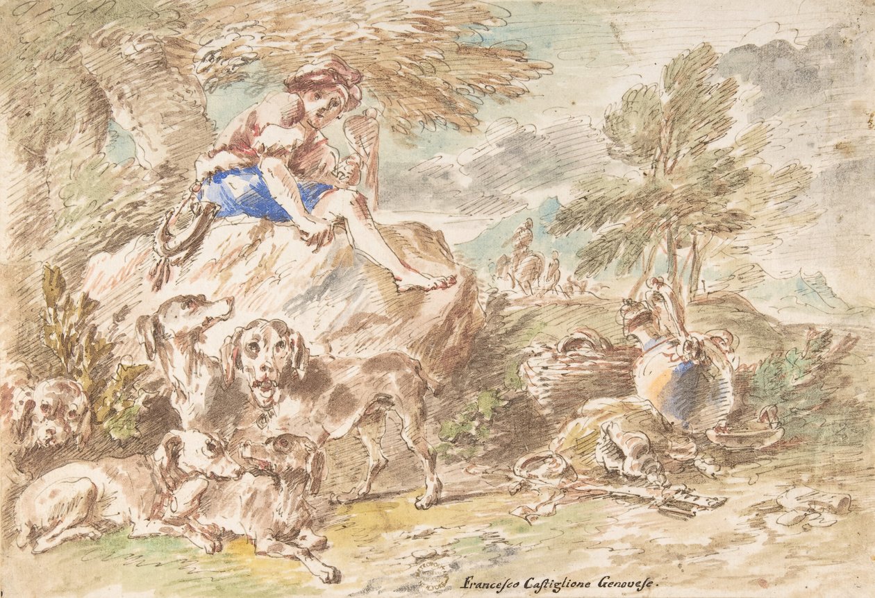 Ung jägare med sina hundar i ett landskap, 1641-1710. av Giovanni Francesco Castiglione