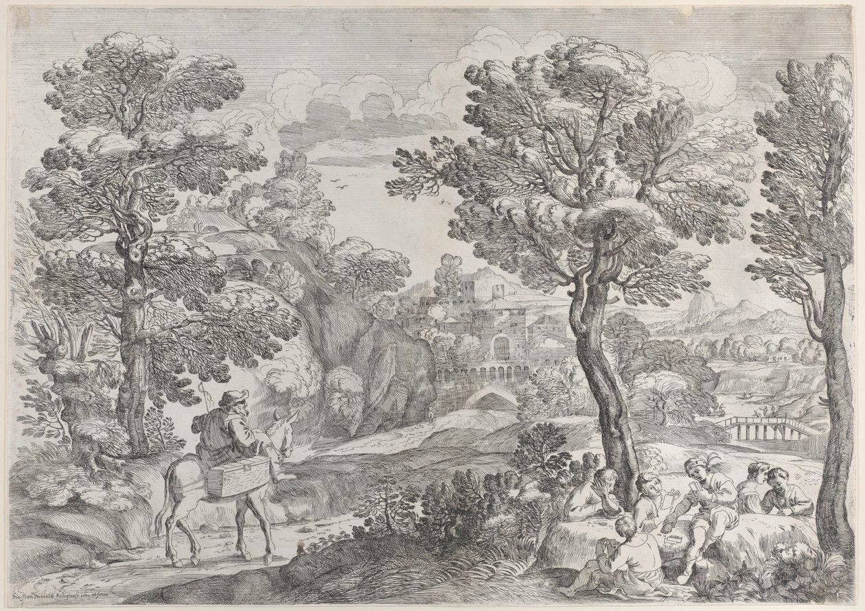 En grupp människor som spelar kort till höger och en man till häst till vänster, 1626-80. av Giovanni Francesco Grimaldi