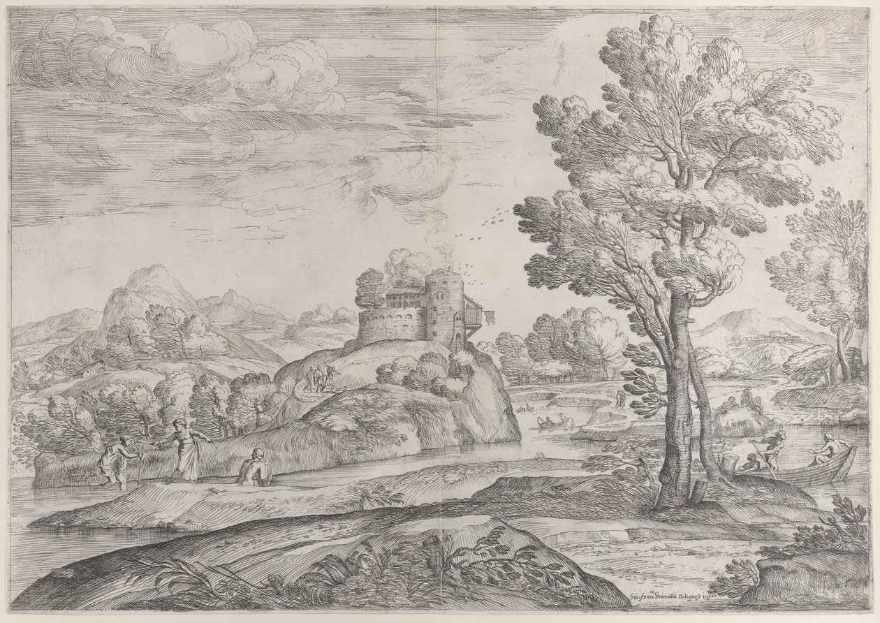 Ett hus på toppen av en rund sten i mitten, människor i floden och i kanoter, 1626-80. av Giovanni Francesco Grimaldi