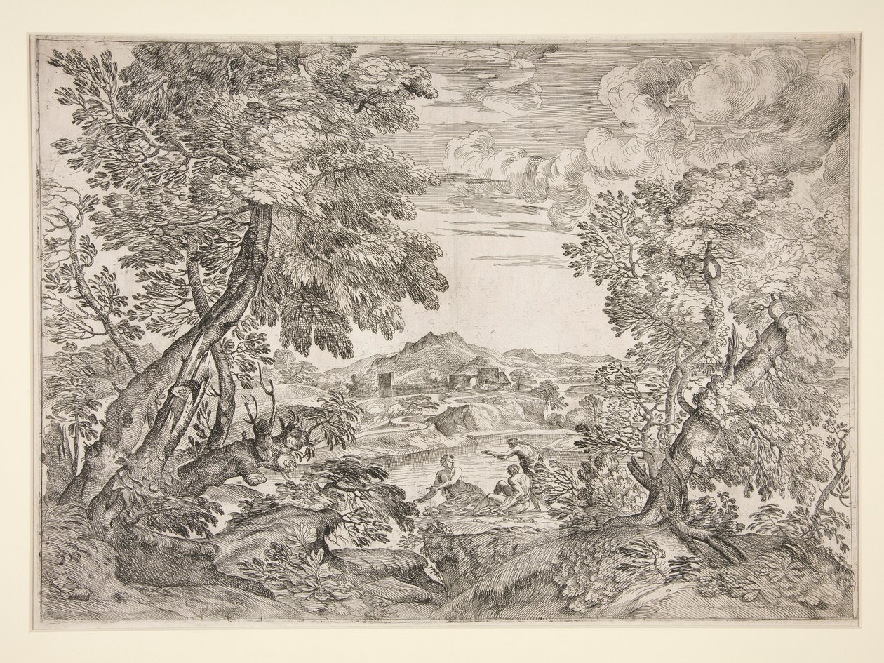 Landskap med tre män vid en flod av Giovanni Francesco Grimaldi