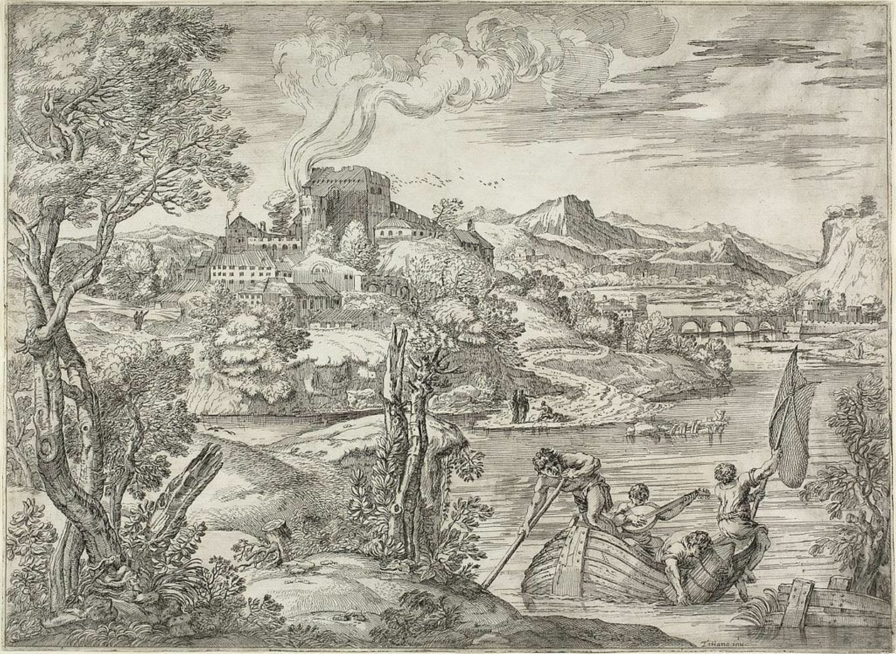 Landskap med en lutespelare av Giovanni Francesco Grimaldi