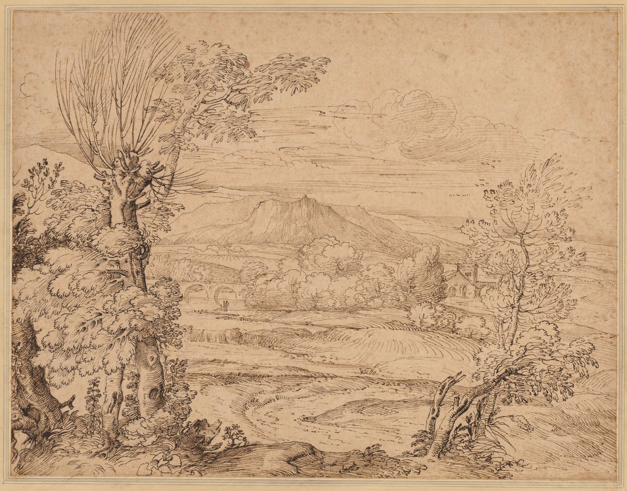 Landskap med flod och akvedukt, mitten av 1600-talet. av Giovanni Francesco Grimaldi
