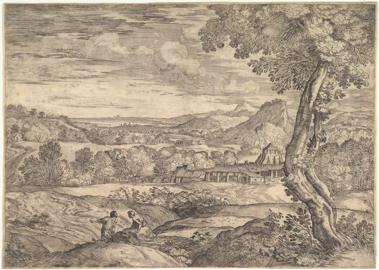 Landskap med tegelbruk i mitten, en stående man i förgrunden p..., 1626-80. av Giovanni Francesco Grimaldi
