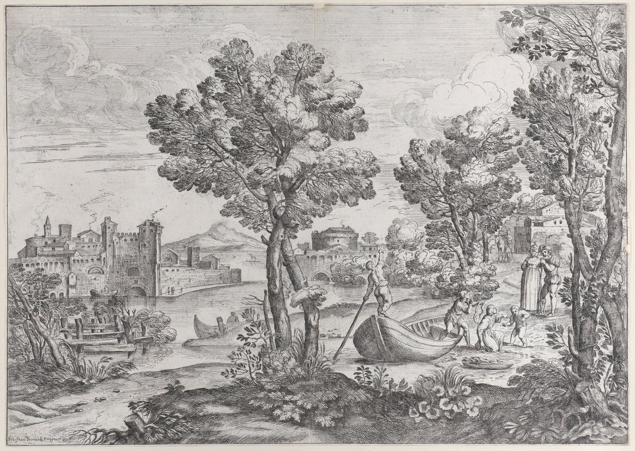 Landskap med en man som håller en orm mot ett skräckslaget barn, bevakat av en moderiktig..., 1626-80. av Giovanni Francesco Grimaldi