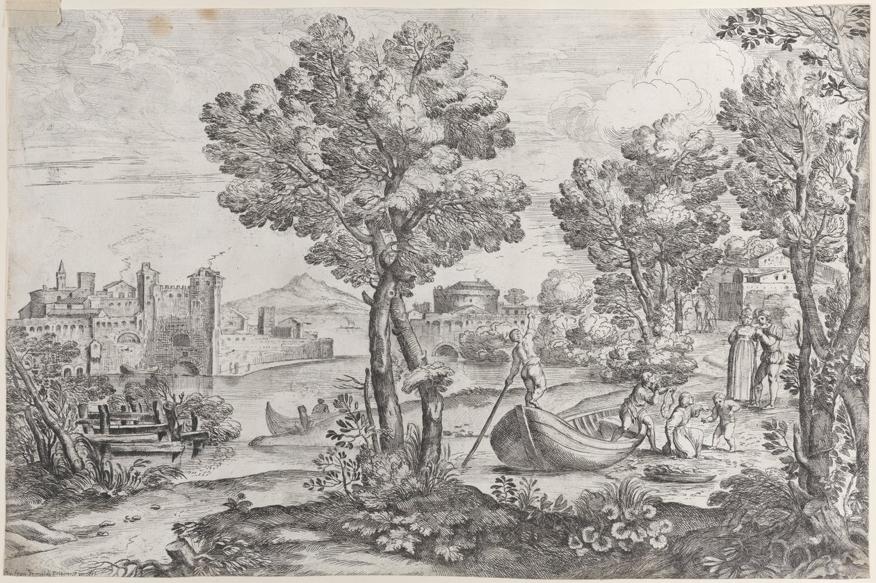 Landskap med en man som håller en orm mot ett skräckslaget barn, bevakat av en moderiktig..., 1626-80. av Giovanni Francesco Grimaldi