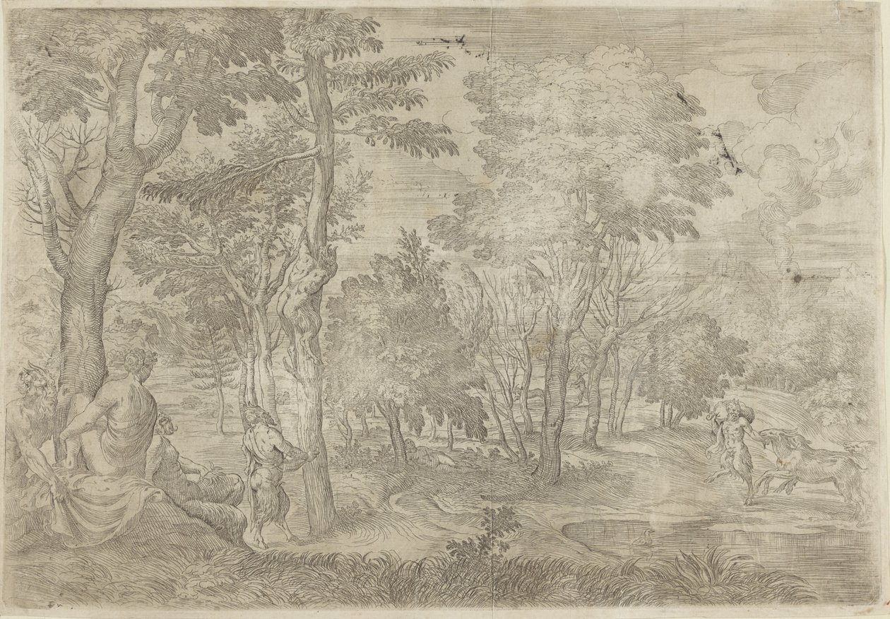 Landskap med nymfer och satyrer av Giovanni Francesco Grimaldi