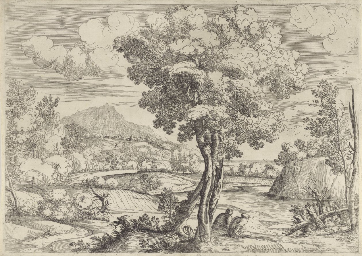 Landskap med fågel på stubbe av Giovanni Francesco Grimaldi