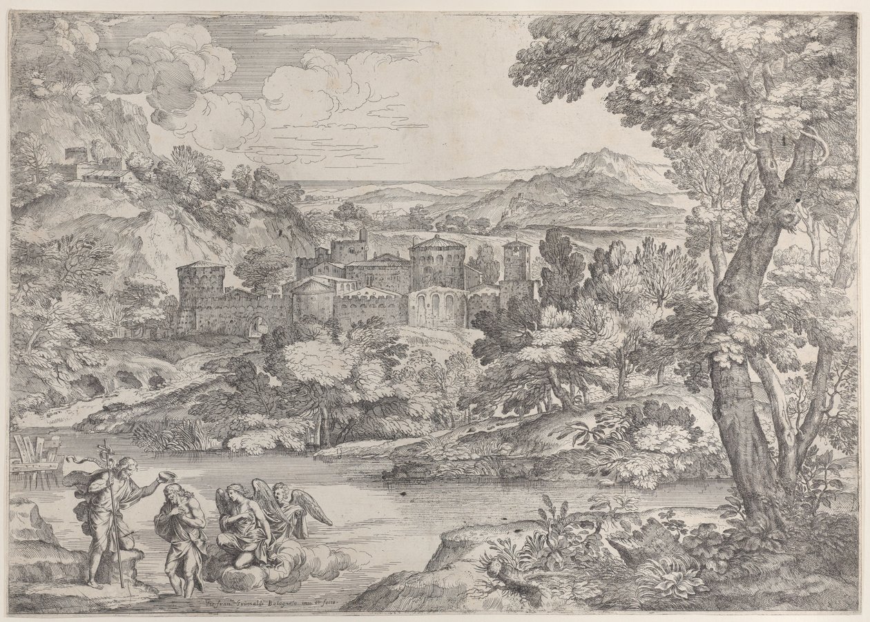 Kristi dop nere till vänster, i ett landskap, 1626-80., 1626-80. av Giovanni Francesco Grimaldi