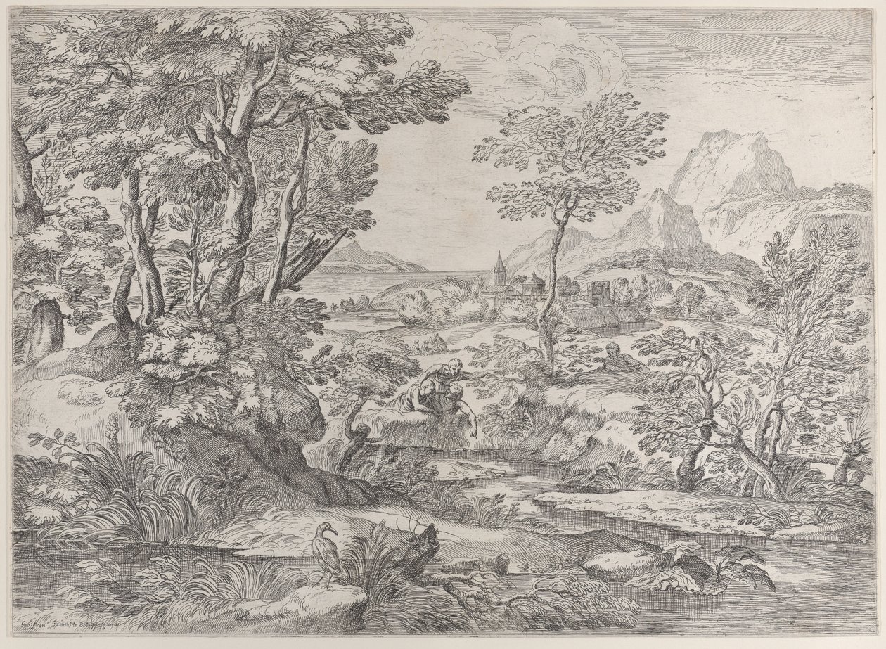 Tre pojkar i ett landskap med en stad i bakgrunden, 1626-80. av Giovanni Francesco Grimaldi