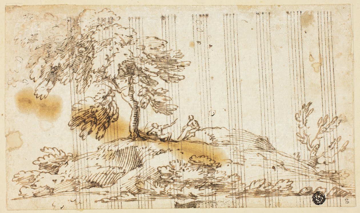 Två män som sitter under trädet på sluttningen av Giovanni Francesco Grimaldi