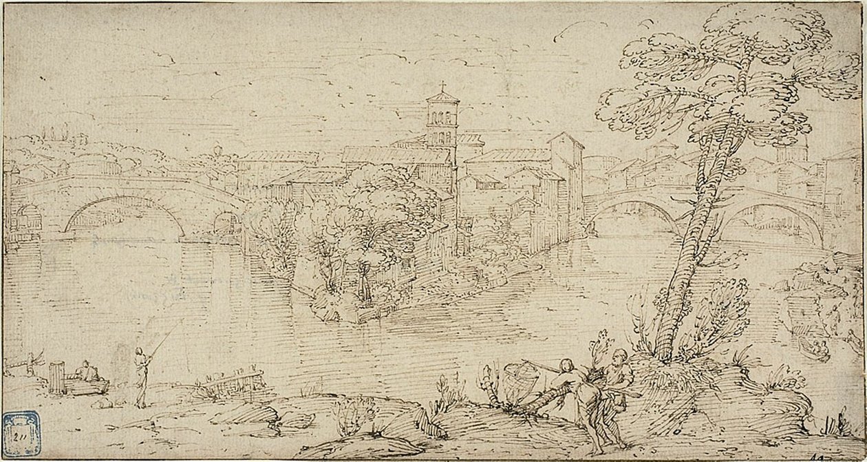 Utsikt över Isola Tiberina av Giovanni Francesco Grimaldi