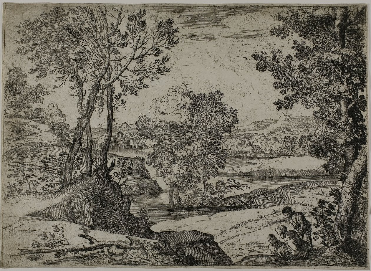 Kvinna, hennes barn och en stående man i ett landskap av Giovanni Francesco Grimaldi
