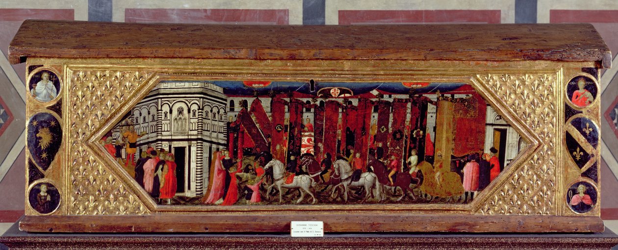 Cassone dekorerad med en scen av Palio av S. Giovanni (tempera på panel) av Giovanni Francesco Toscani