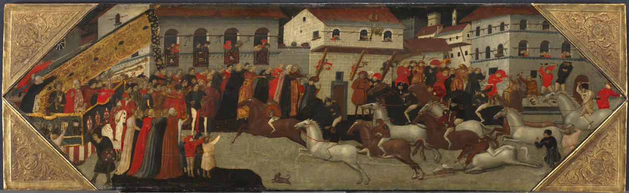 Panel från en Cassone: The Race of the Palio in the Streets of Florence, 1418 av Giovanni Francesco Toscani