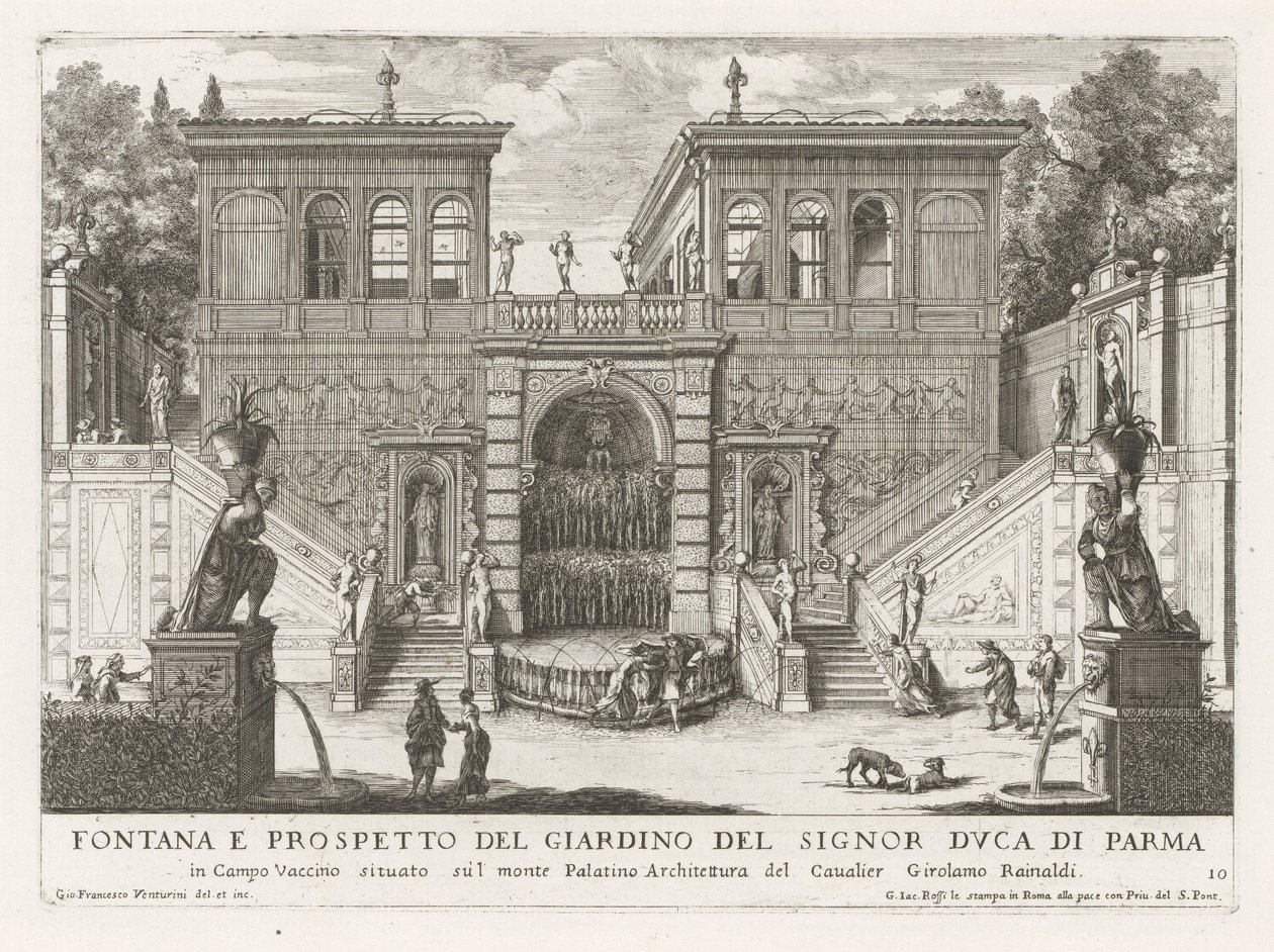Farnesische Tuinen te Rom Fontän och upphöjning av hertigen av Parmas trädgård (...) (titel på objektet) Fontänerna i Roms palats och trädgårdar (serietitel) Fonteinen in de paleizen en tuinen van Rome (serietitel) av Giovanni Francesco Venturini