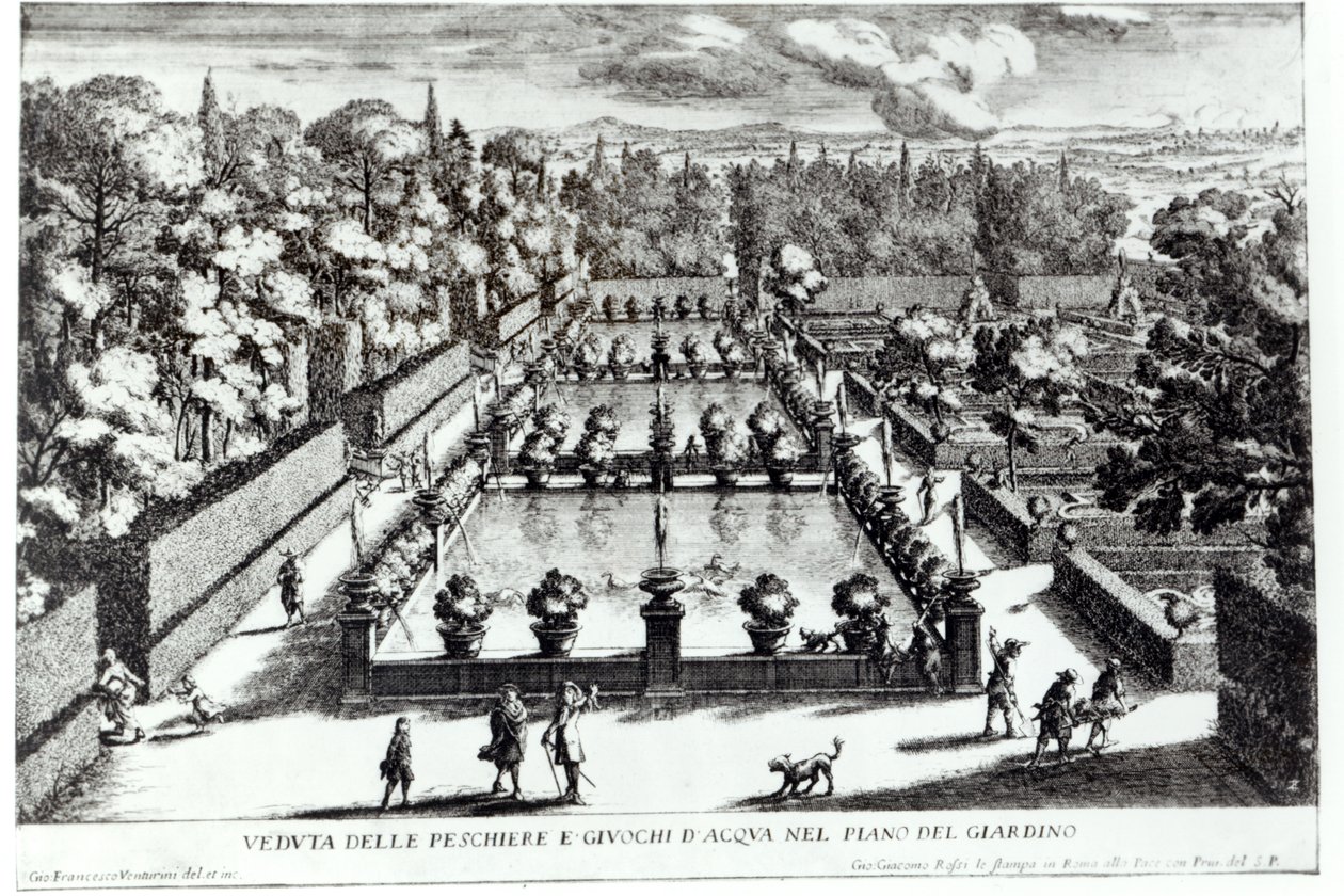 Fiskdammar vid Villa dEste, Tivoli, från Le Fontane av Giovanni Battista Falda (c.1648-1787), publicerad av 1689 av Giovanni Francesco Venturini