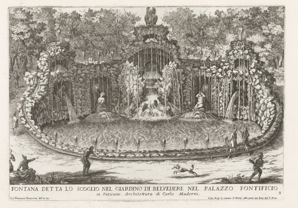 Drakens fontän i de Vaticaanse tuinen Fontän som kallas klippan i Belvedere-trädgården i det påvliga palatset (...) (titel på objektet) Fontänerna i Roms palats och trädgårdar (serietitel) Fonteinen in de paleizen en tuinen van Rome (serie av Giovanni Francesco Venturini