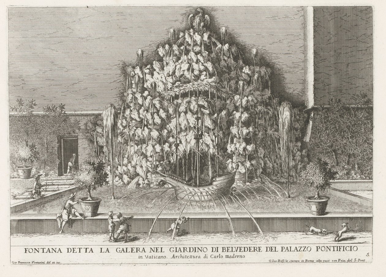 Fontän av Galera i de Vaticaanse tuinen Fontän som kallas galären i Belvedere-trädgården i det påvliga palatset (...) (titel på objektet) Fontänerna i Roms palats och trädgårdar (serietitel) Fonteinen in de paleizen en tuinen van Rome (serie av Giovanni Francesco Venturini