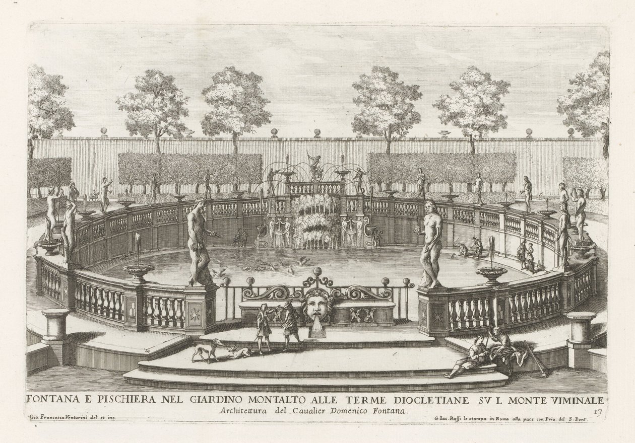 Fontän och fiskdamm i trädgårdarna i Villa Montalto i Rom Fontana e pischiera nel giardino Montalto alle Terme Diocletiane (...) (titel på objekt) Le fontane ne palazzi e ne giardini di Roma (serietitel) Fontäner i palatsen och trädgårdarna i Ro av Giovanni Francesco Venturini