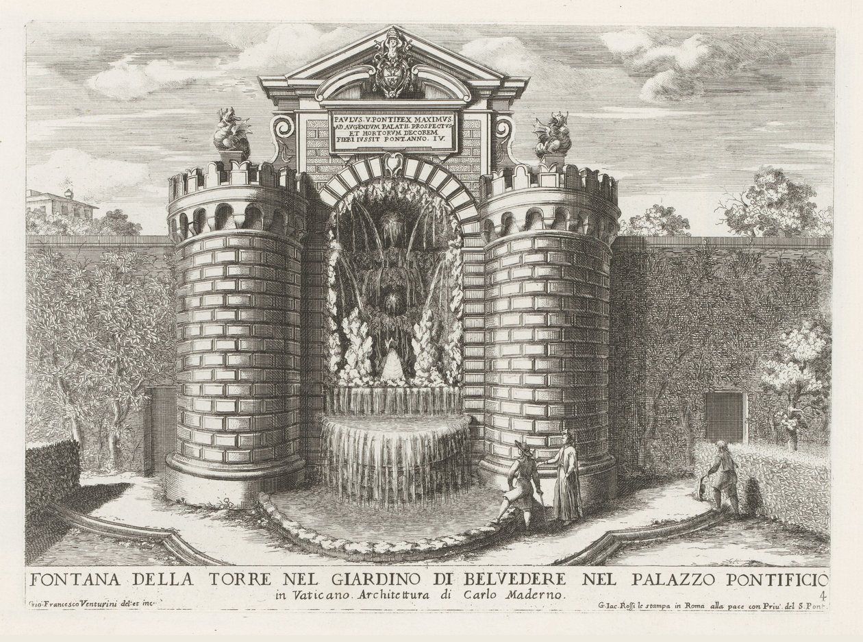 Fontein in de Vaticaanse trädgården Tornfontän i Belvedere-trädgården i det påvliga palatset (...) (titel på objektet) Fontänerna i Roms palats och trädgårdar (serietitel) Fonteinen in de paleizen en tuinen van Rome (serietitel) av Giovanni Francesco Venturini