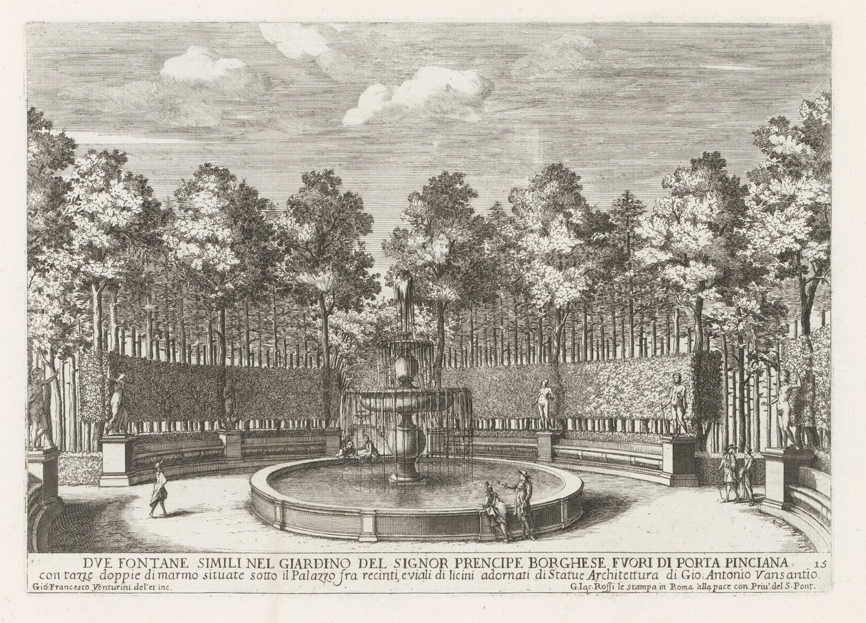 Fontein in de Villa Borghese te Rom Två liknande fontäner i trädgården hos Signor precipe Borghese (...) (titel på objektet) Fontänerna i Roms palats och trädgårdar (serietitel) Fonteinen in de paleizen en tuinen van Rome (serietitel) av Giovanni Francesco Venturini