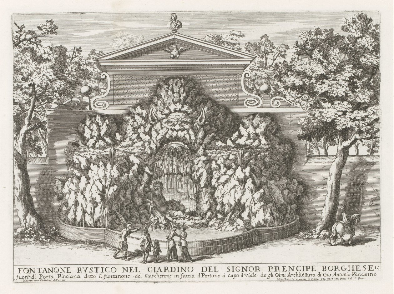 Fontein in de Villa Borghese te Rom Rustik fontän i herr precipe Borgheses trädgård (...) (titel på objektet) Fontänerna i Roms palats och trädgårdar (serietitel) Fonteinen in de paleizen en tuinen van Rome (serietitel) av Giovanni Francesco Venturini