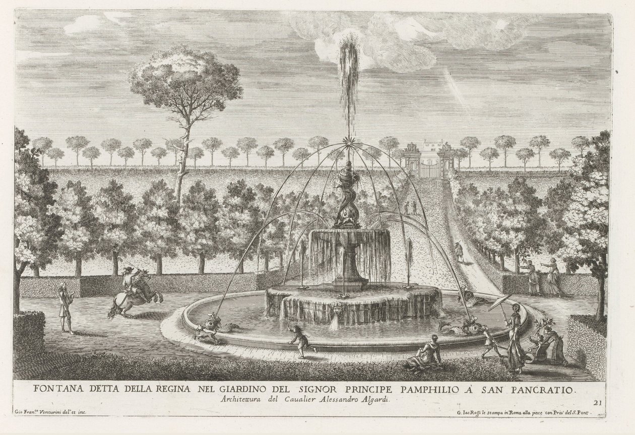 Fontein in de tuinen av Villa Doria Pamphilj te Rom Fontän känd som drottningen i Prince Pamphilios trädgård i San Pancratio (titel på objektet) Fontänerna i Roms palats och trädgårdar (serietitel) Fonteinen in de paleizen en tuinen v av Giovanni Francesco Venturini