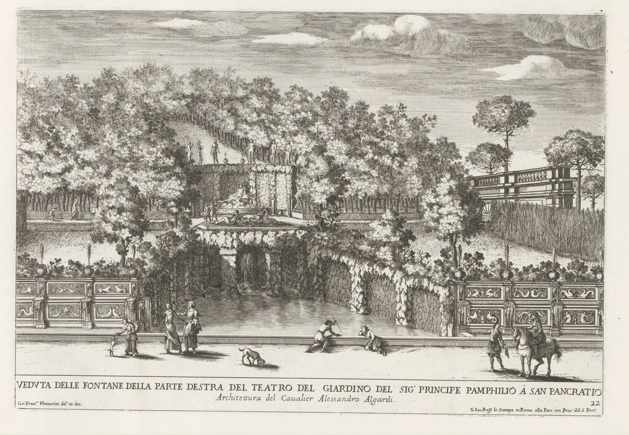 Fontein in de tuinen av Villa Doria Pamphilj te Rom Utsikt över fontänerna på höger sida av trädgårdsteatern (...) (titel på objekt) Fontänerna i Roms palats och trädgårdar (serietitel) Fonteinen in de paleizen en tuinen van Rome (serie av Giovanni Francesco Venturini