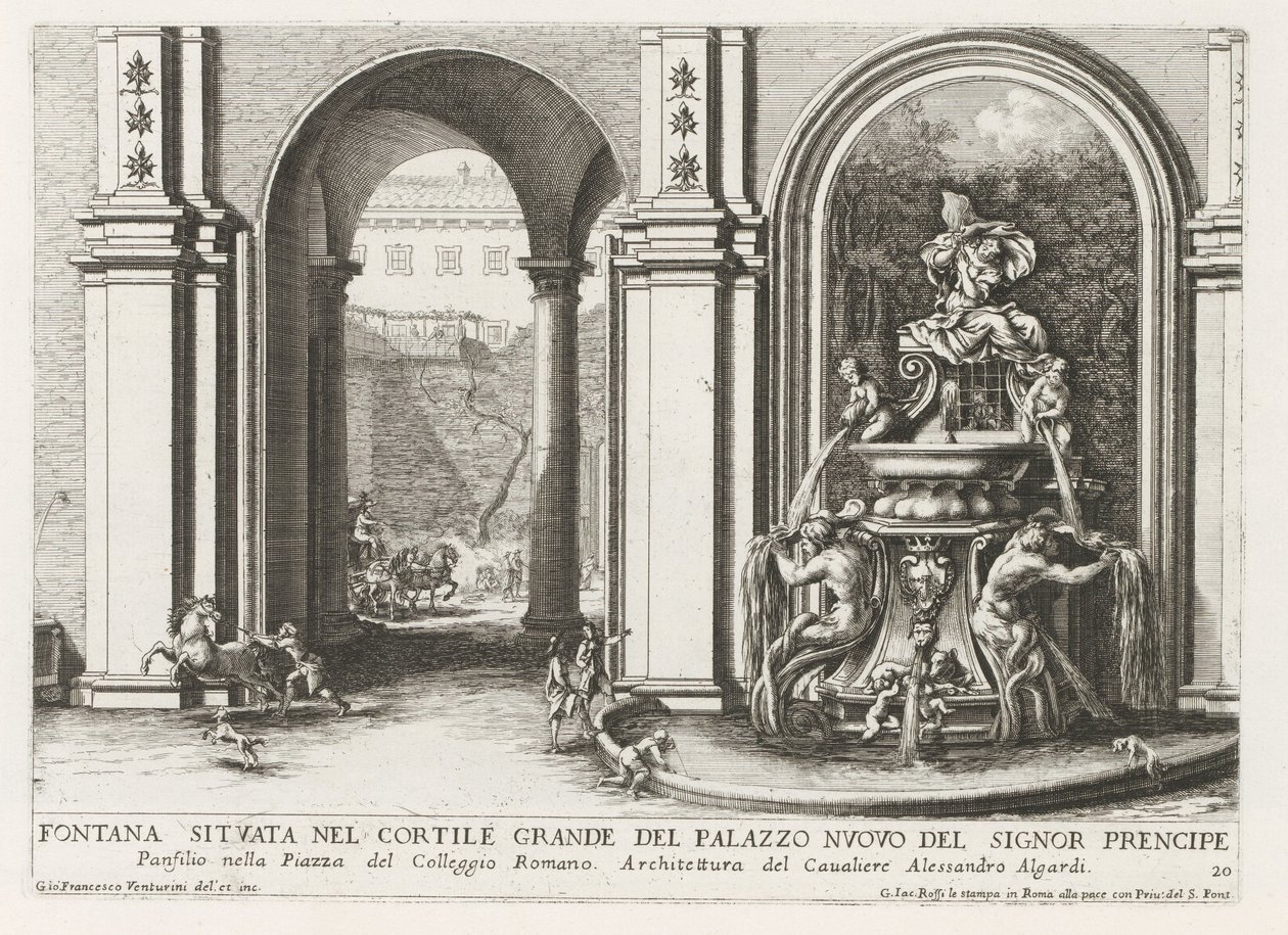 Fontein på en plats på Palazzo Doria Pamphilj i Rom Fontän belägen på den stora innergården i Palazzo Nuovo del Signor precipe (...) (titel på objektet) Fontänerna i Roms palats och trädgårdar (serietitel) Fonteinen in de paleizen en tu av Giovanni Francesco Venturini
