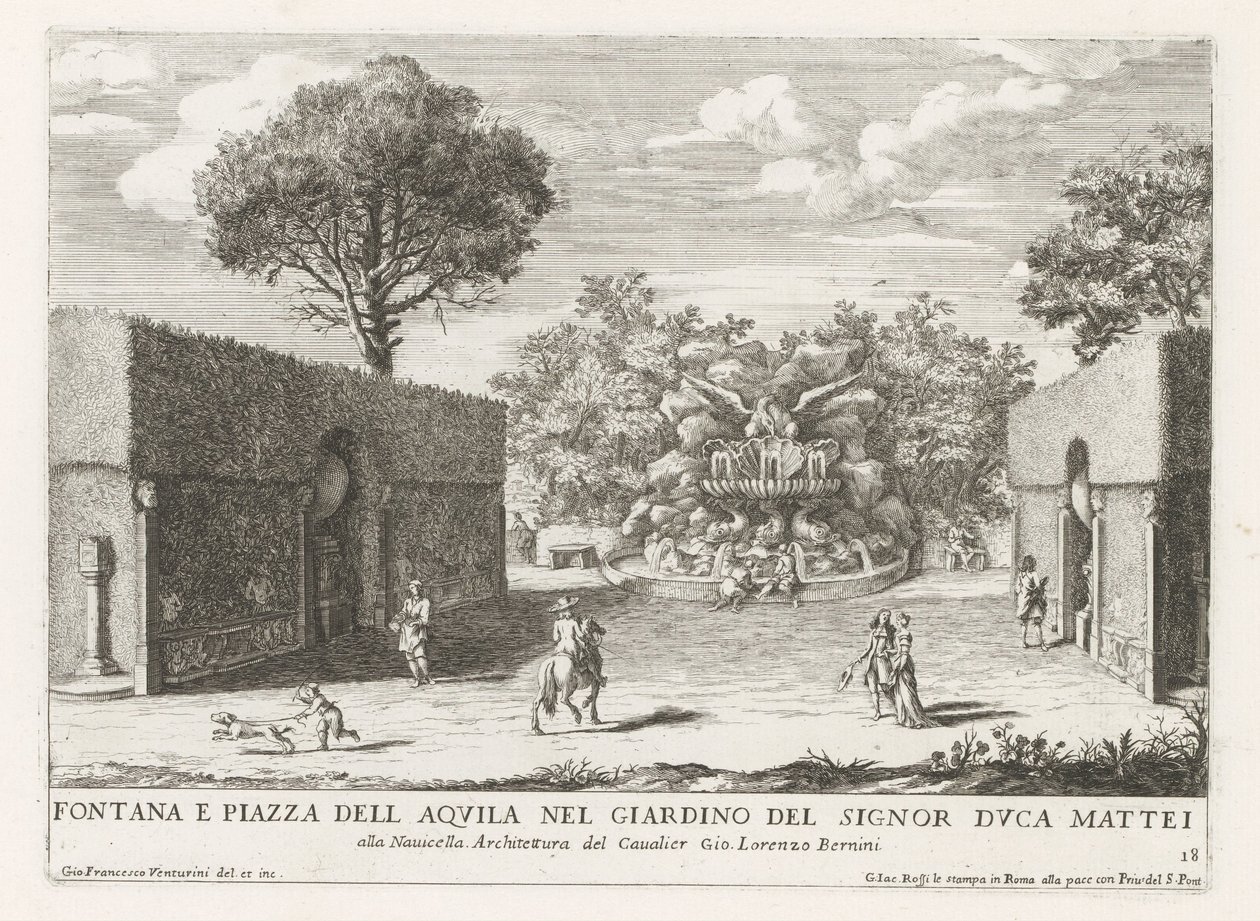 Fontein träffade adelaar i trädgården av Villa Celimontana i Rom Fontän och piazza del aquila i Herr Duke Matteis trädgård (...) (titel på objektet) Fontänerna i Roms palats och trädgårdar (serietitel) Fonteinen in de paleizen en tuinen van R av Giovanni Francesco Venturini