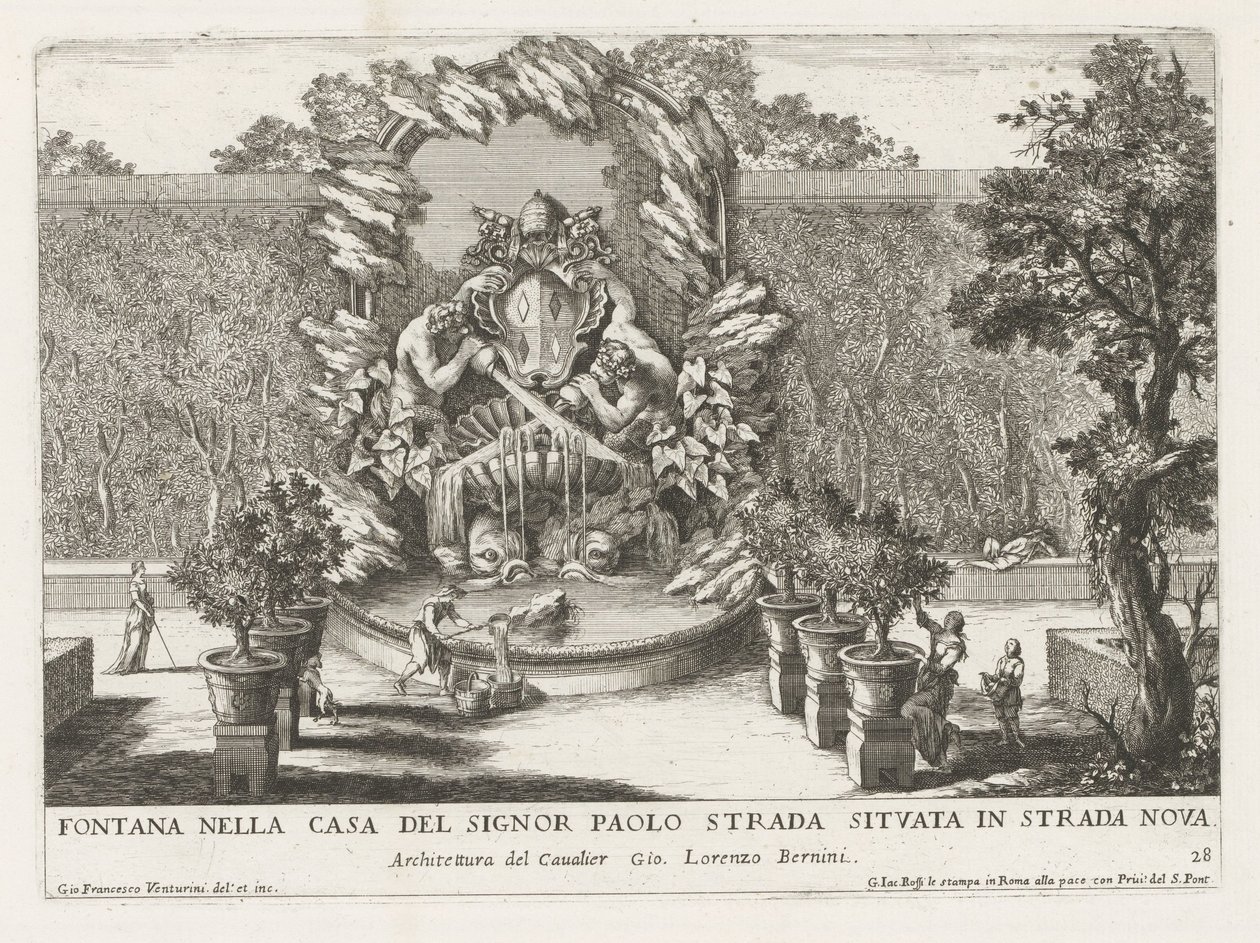 Fontän med ett påvligt vapen, två tritoner och delfiner Fontana nella casa del signor Paolo strada situata in strada nova (titel på objekt) Le fontane ne palazzi e ne giardini di Roma (serietitel) Fontäner i Roms palats och trädgårdar ( av Giovanni Francesco Venturini