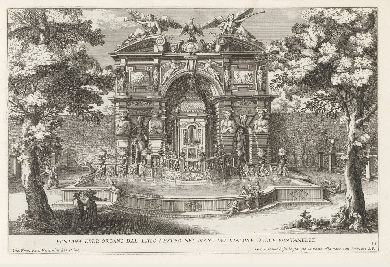 Fontein träffade hydraulisk orgel i de tuinen van de Villa d