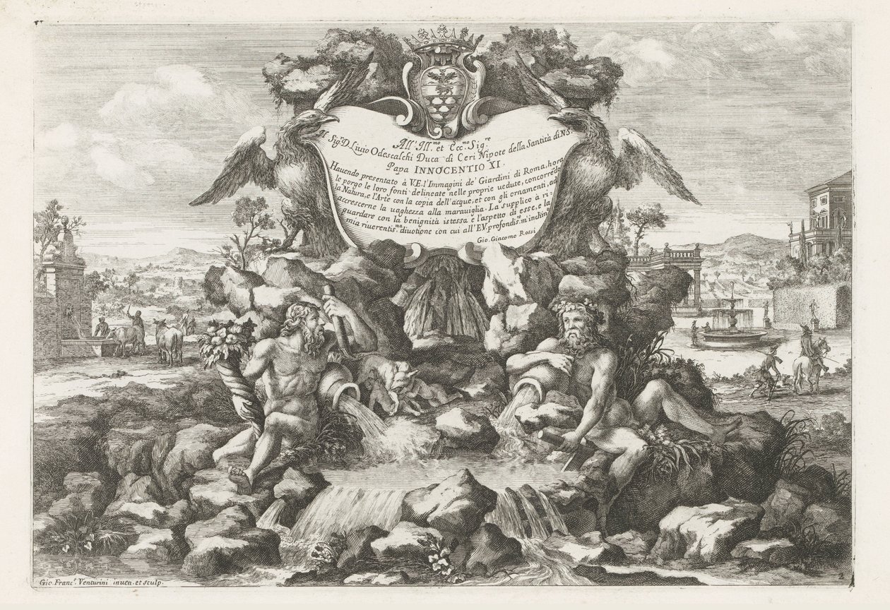 Fontän med dedikation och vapen av Livio Odescalchi Le fontane ne palazzi e ne giardini di Roma (serietitel) Fontäner i Roms palats och trädgårdar (serietitel) av Giovanni Francesco Venturini