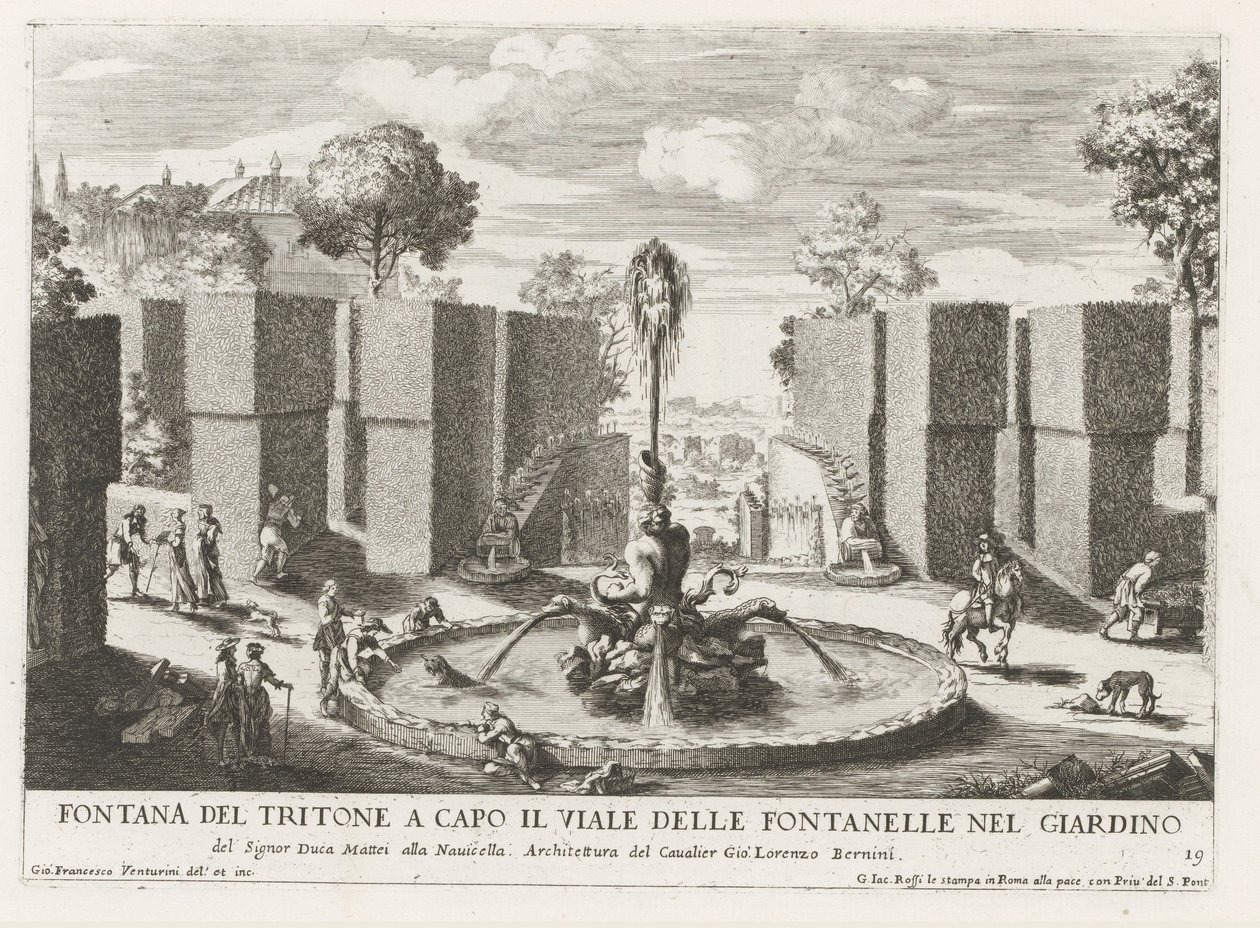 Fontein träffade Triton i trädgården av Villa Celimontana i Rom Tritonfontän i spetsen för fontänavenyn i trädgården (...) (titel på objektet) Fontänerna i Roms palats och trädgårdar (serietitel) Fonteinen in de paleizen en tuinen van av Giovanni Francesco Venturini