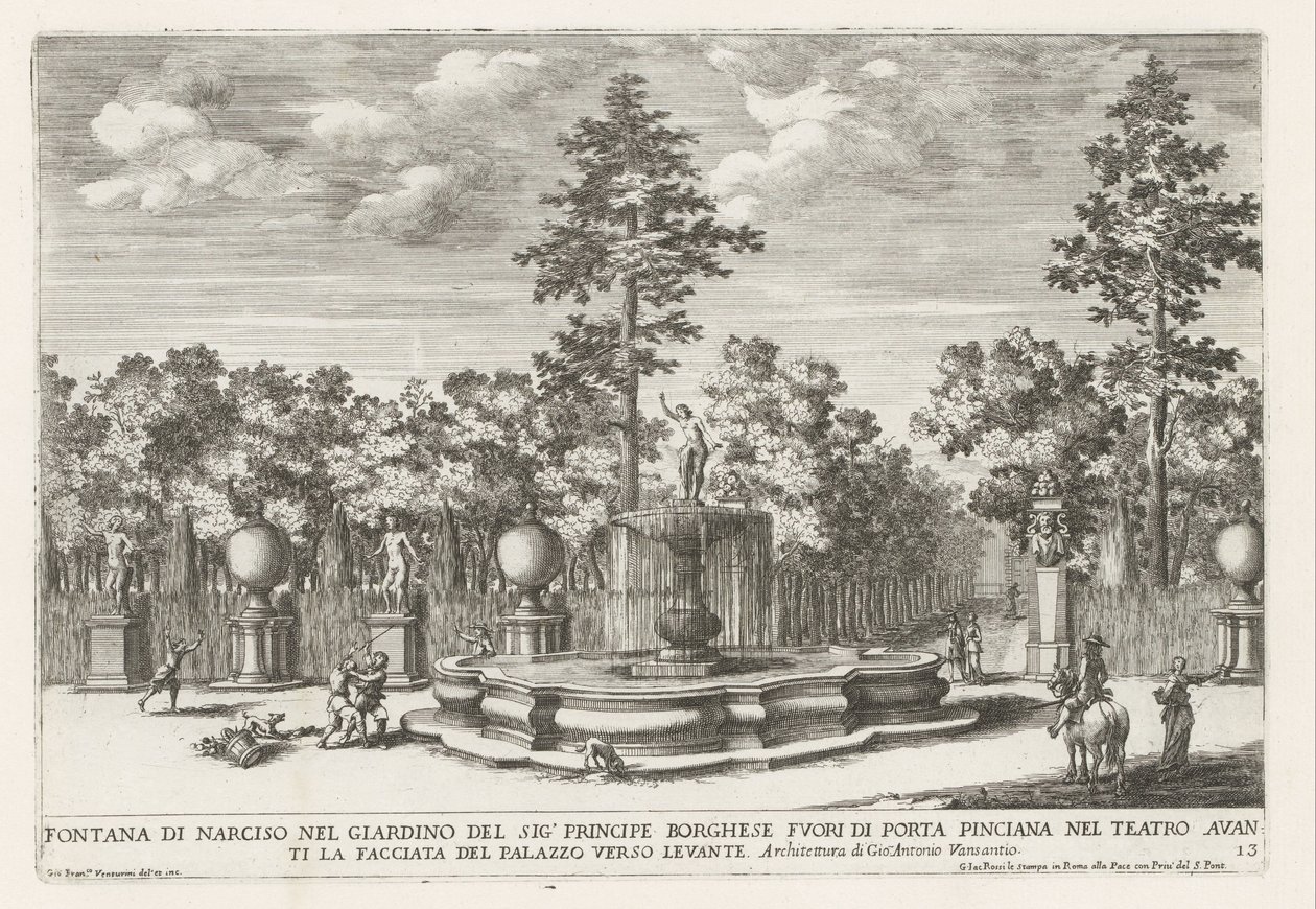Fontein van Narcissus i Villa Borghese i Rom Narcissusfontän i herr prins Borgheses trädgård (...) (titel på objektet) Fontänerna i Roms palats och trädgårdar (serietitel) Fonteinen in de paleizen en tuinen van Rome (serietitel) av Giovanni Francesco Venturini