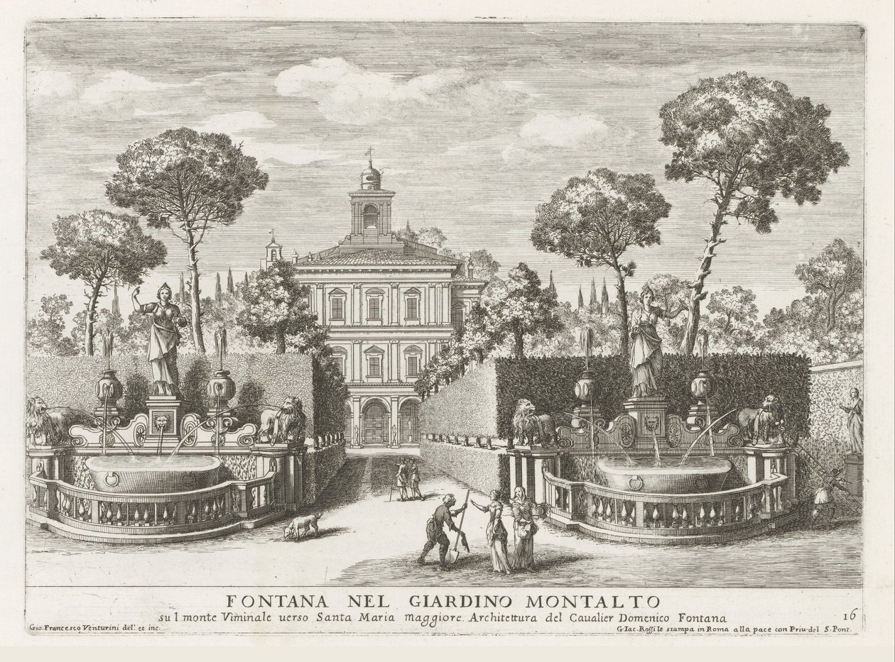 Fonteinen in de tuinen av Villa Montalto Negroni te Rom Fontän i Montalto-trädgården (...) (titel på objekt) Fontänerna i Roms palats och trädgårdar (serietitel) Fonteinen in de paleizen en tuinen van Rome (serietitel) av Giovanni Francesco Venturini