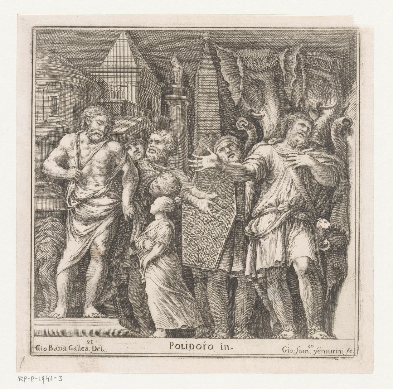 Grupp av figurer och två elefanter i en stad av Giovanni Francesco Venturini