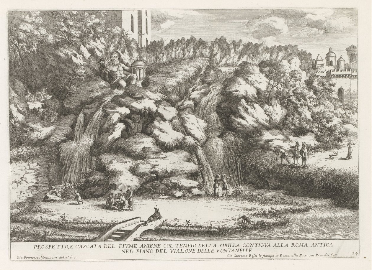 Landschap met cascade en Tempel van de Tiburtijnse Sibille te Tivoli Prospekt och vattenfall i floden Aniene med sibyllans tempel (...) (titel på objektet) Fontänerna i Este-trädgården i Tivoli (serietitel) Fonteinen in de tuinen van Villa d