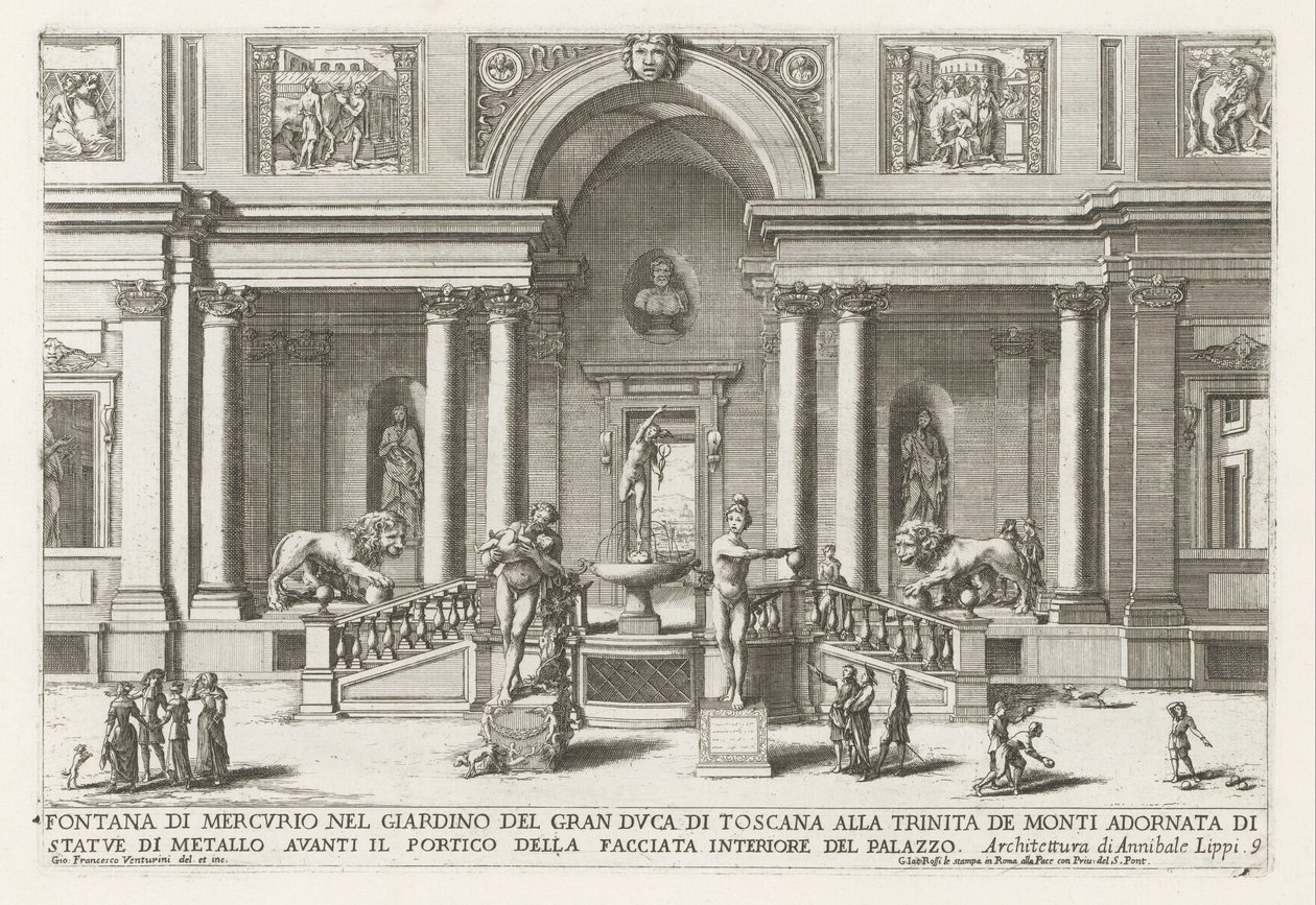 Loggia en trädgård av Villa Medici i Rom Merkuriusfontän i storhertigen av Toscanas trädgård vid Trinita de Monti (...) (titel på objektet) Fontänerna i Roms palats och trädgårdar (serietitel) Fonteinen in de paleizen en tuinen van Rome (se av Giovanni Francesco Venturini